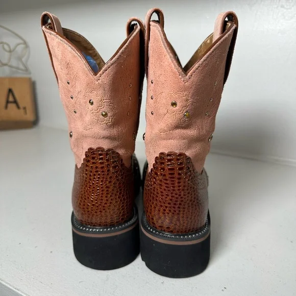 Ariat Fatbaby Boots Women’s 8B Brown Croc Embossed & Pink Leather Western Work - Picture 6 of 9